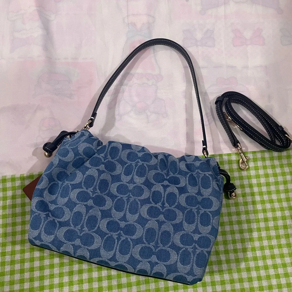 Coach Blue Signature Jacquard Shoulder Bag with Black Strap